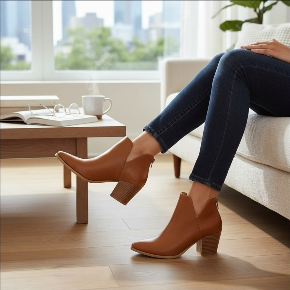 Sun + Stone Modern Western Block Heel Booties Boots 7.5 M Cognac BROWN